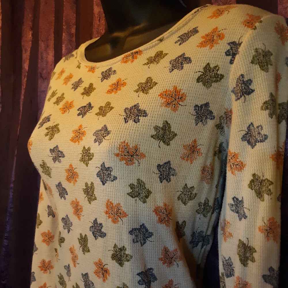 CRAFTY COUTURE Thermal Autumn LEAVES LEAF THUMB HOLES BOUTIQUE  Fall Vintage M